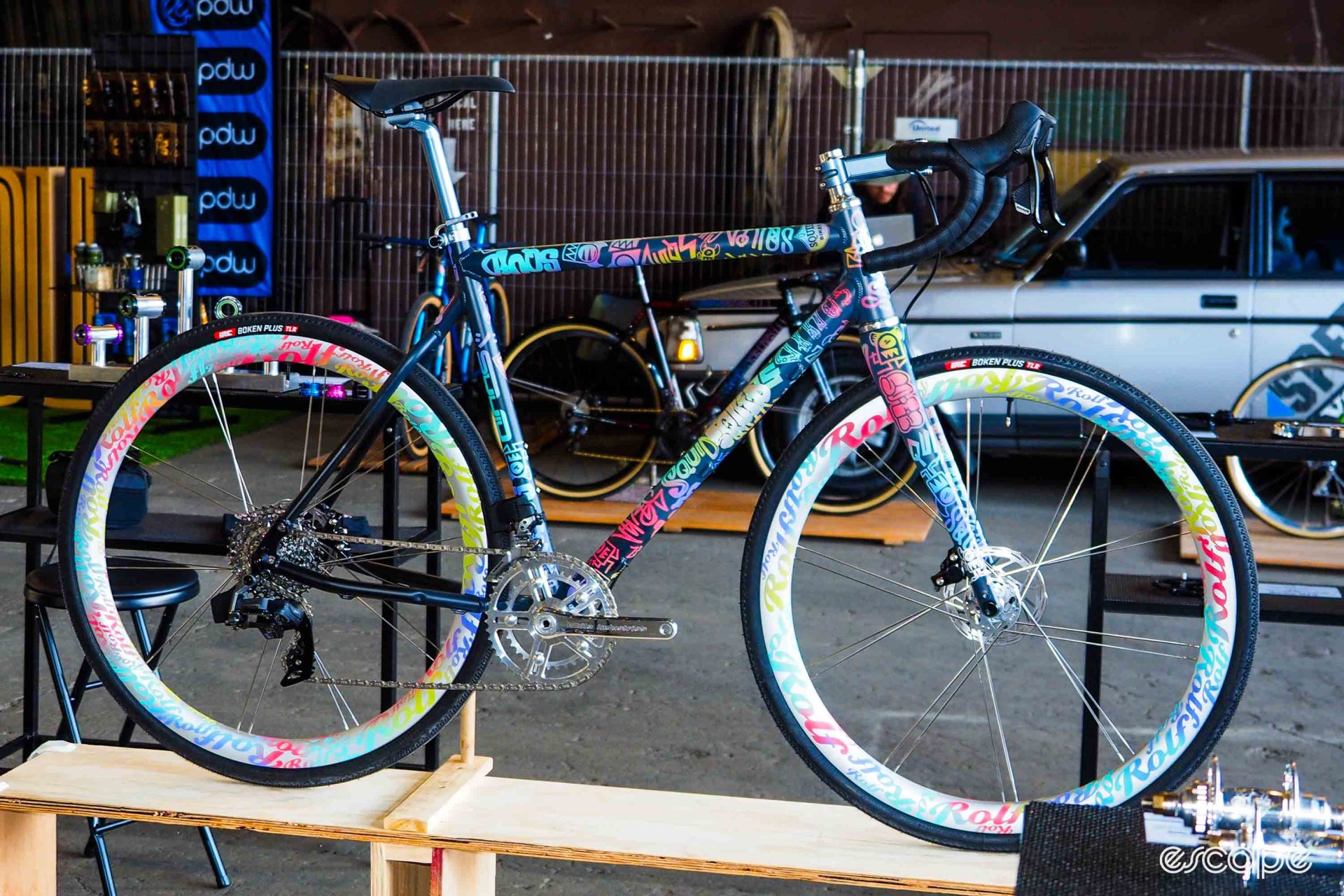 Brightly painted custom aluminum gravel bike from Squid Bikes.