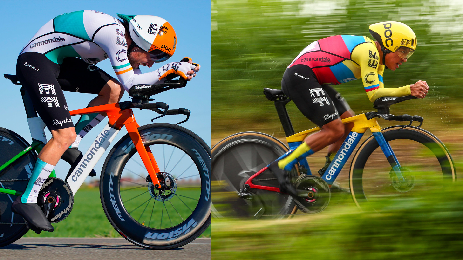 This photo is split vertically down the middle and compares Ben Healy and his time trial position, which looks very aerodynamically optimised with his low torso angle, arced back and face almost resting on his forearms, to his teammate Jonathan Klever Caicedo's position on the right. Caicedo's position means his torso is much more upright, his head sits above his torso and he overall looks less aerodynamic looking. 