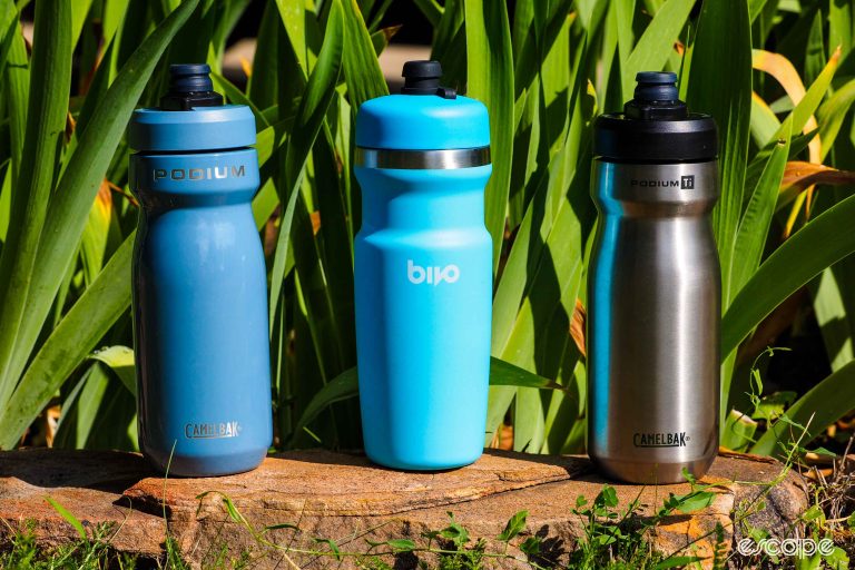 Camelbak Podium stainless steel and titanium insulated bottles, and Bivo Trio insulated bottle
