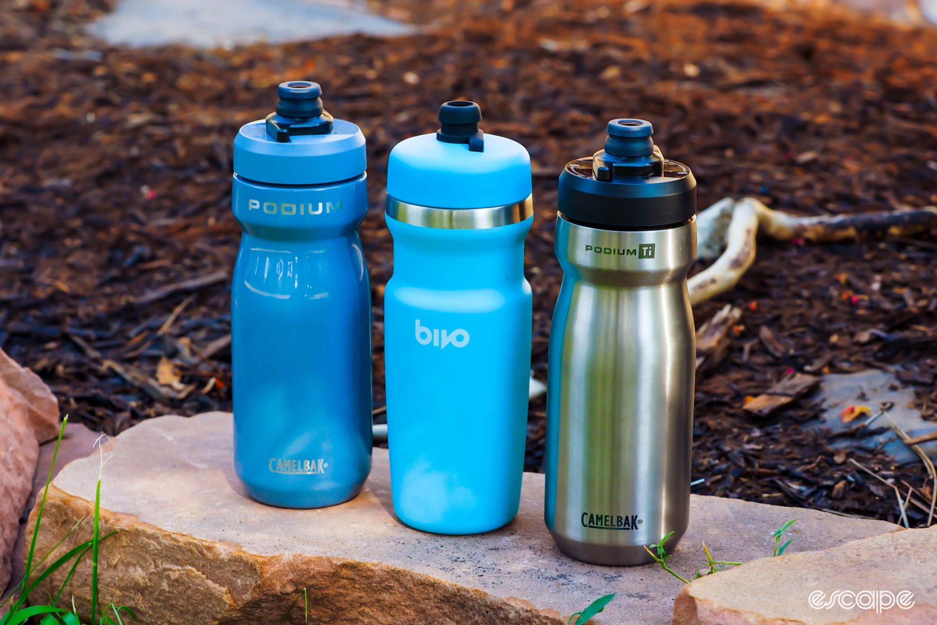CamelBak Podium stainless steel and titanium insulated bottles, and Bivo Trio insulated bottle