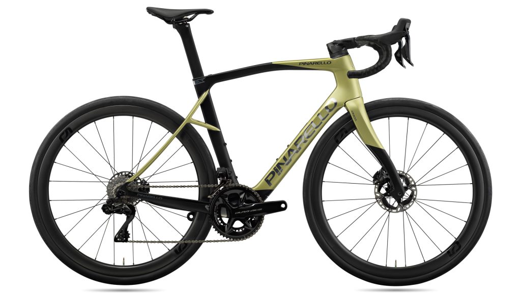 This image shows the new Pinarello X9 in gold and black colour way