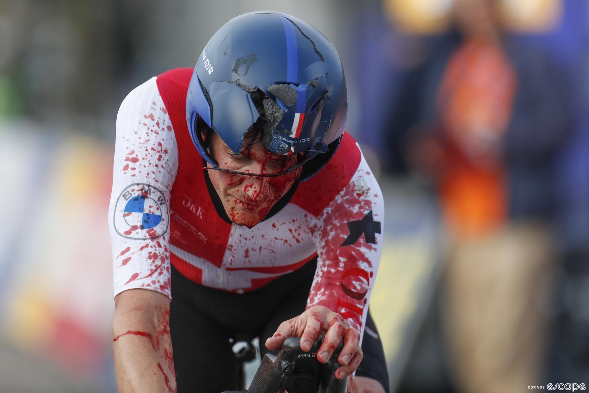 Stefan Küng finishes the TT at Euros covered in blood.