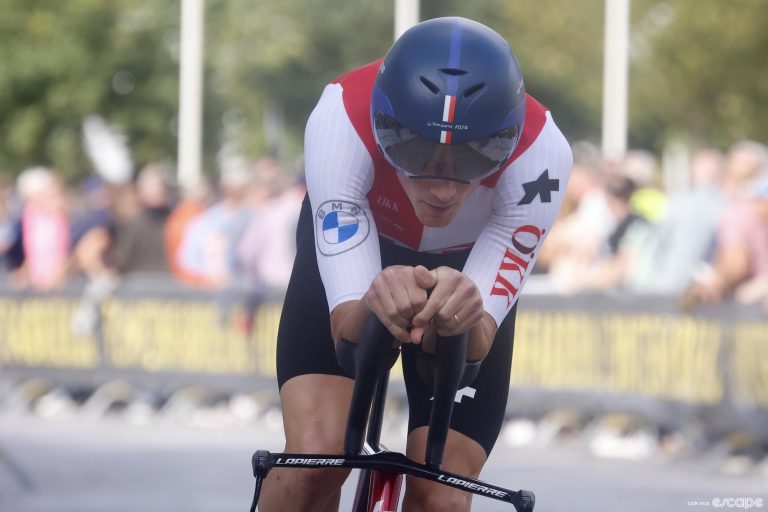 Stefan Küng races at the European Championships time trial event, just before his crash.