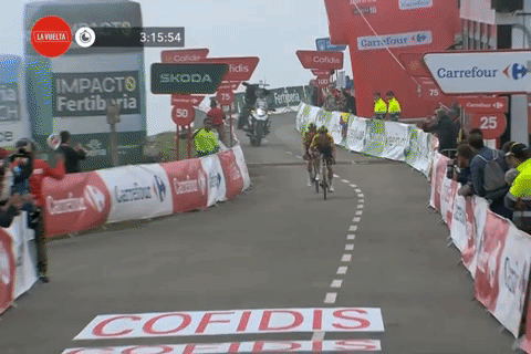 Primož Roglič crosses the finish line with Jonas Vingegaard on his wheel for the win. Neither of them celebrates what would be a career achievement for almost any other rider in the sport.