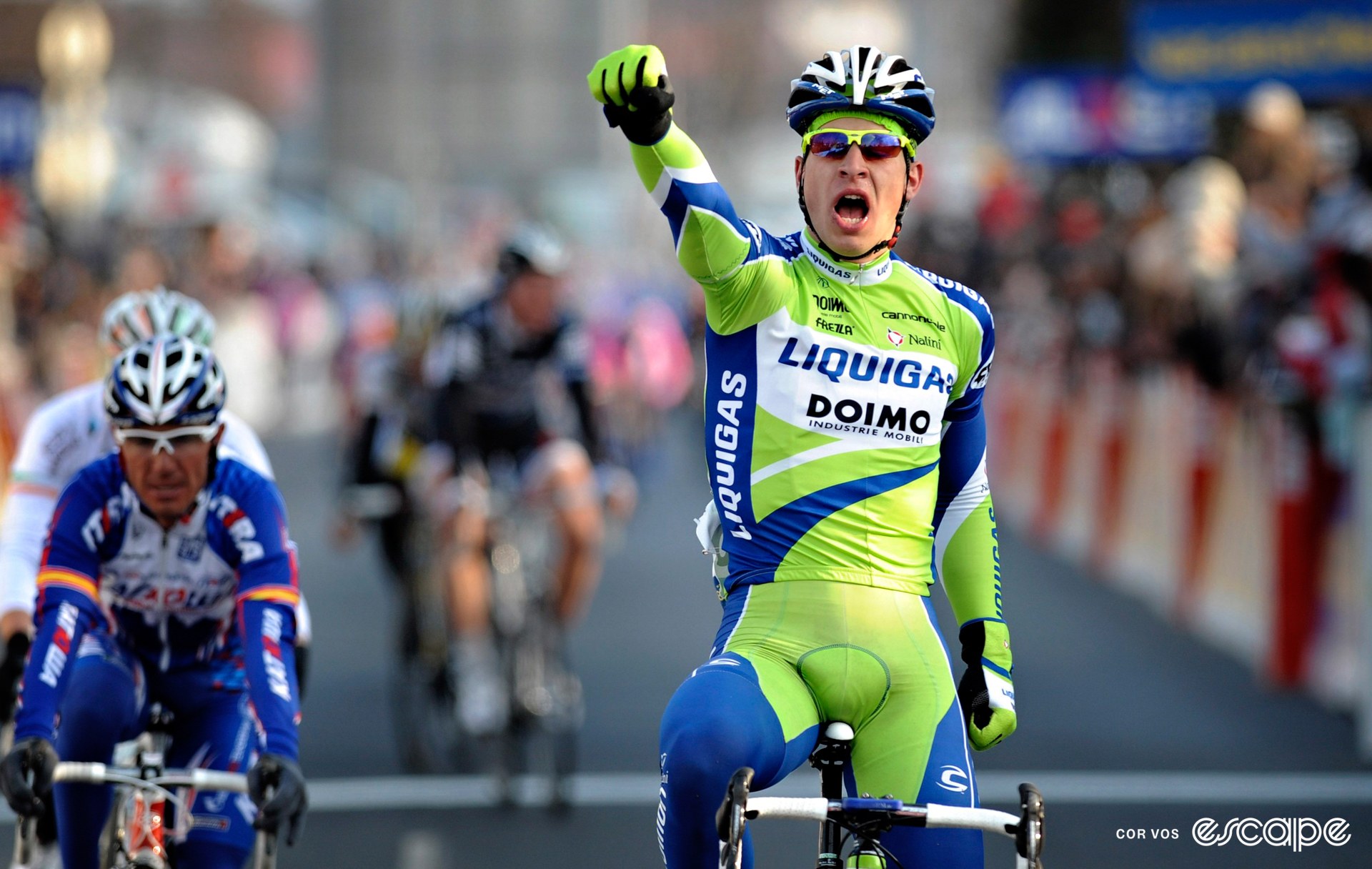 Peter Sagan celebrates winning a stage at the 2010 Paris-Nice, with a fist pump.