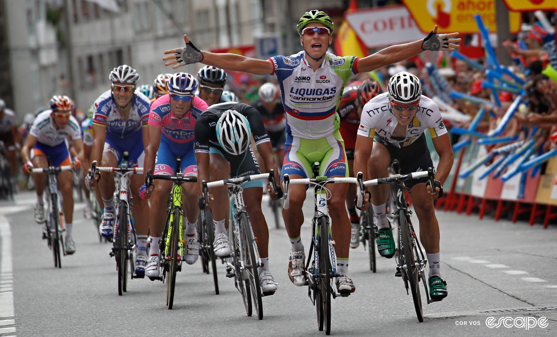 Peter Sagan celebrates winning a stage at the 2011 Vuelta a España.