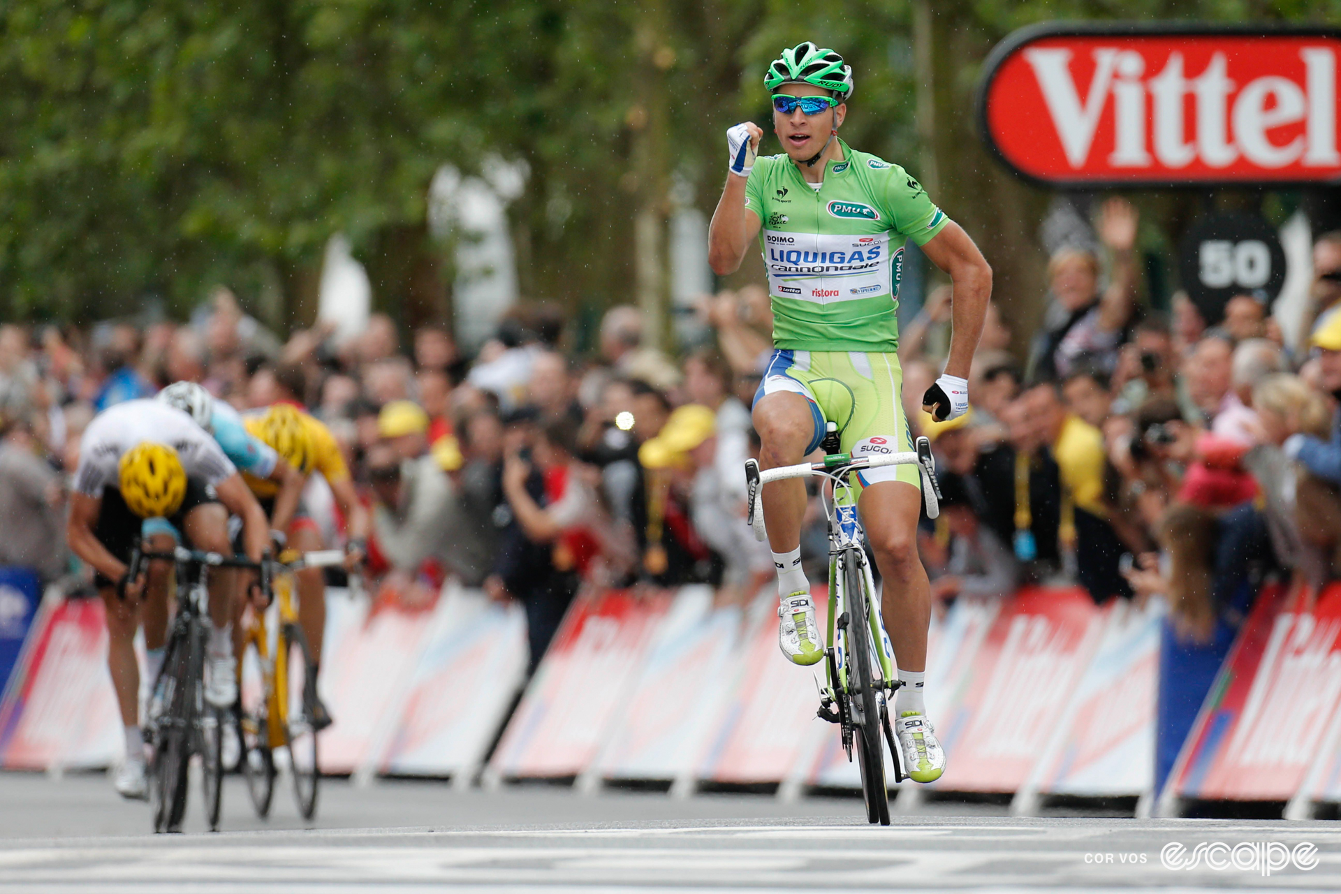 Peter Sagan celebrates winning a stage at the 2012 Tour de France with a 'running man' salute.