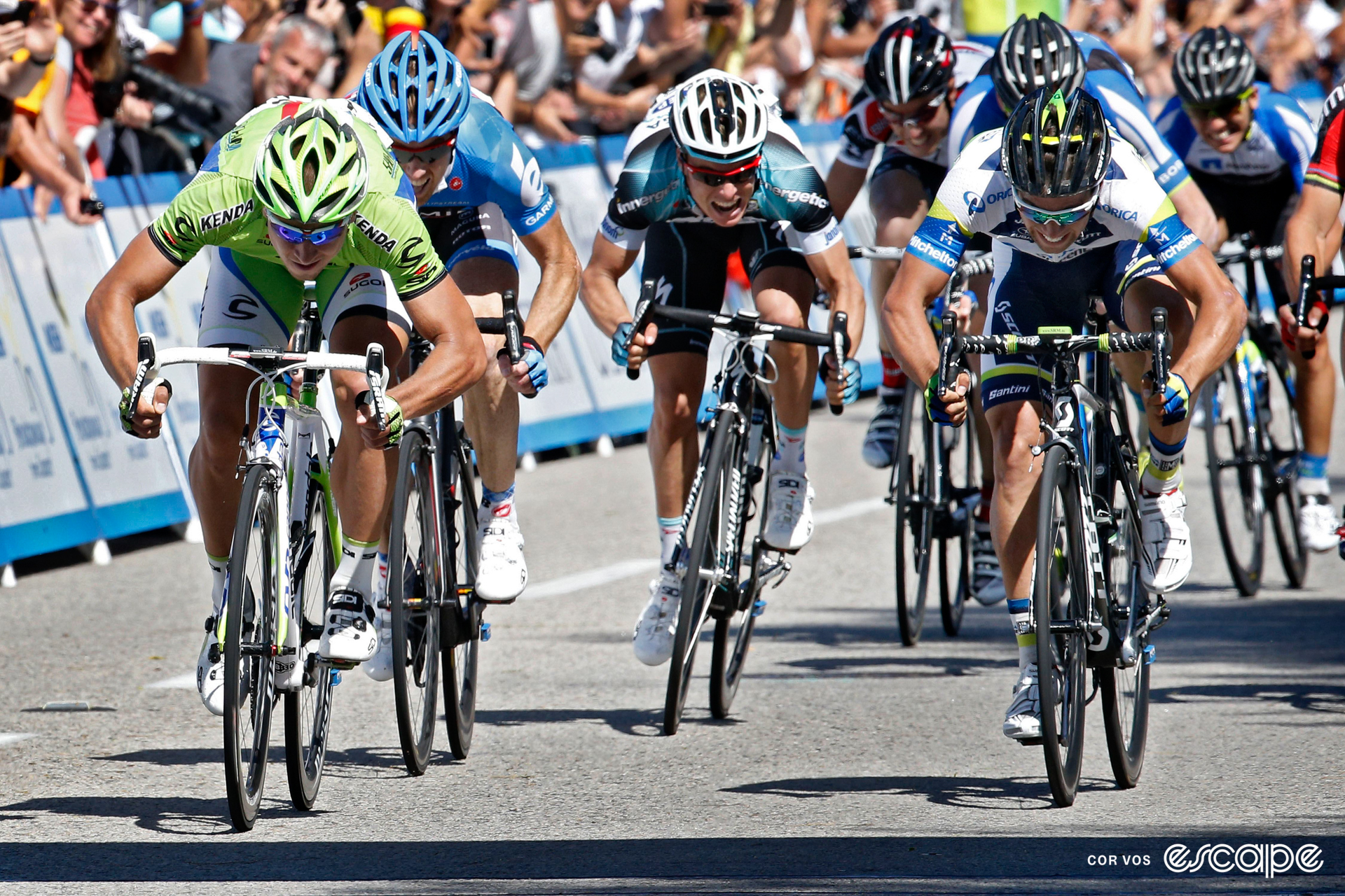 Peter Sagan on his way to winning a bunch sprint at the 2013 Tour of California.