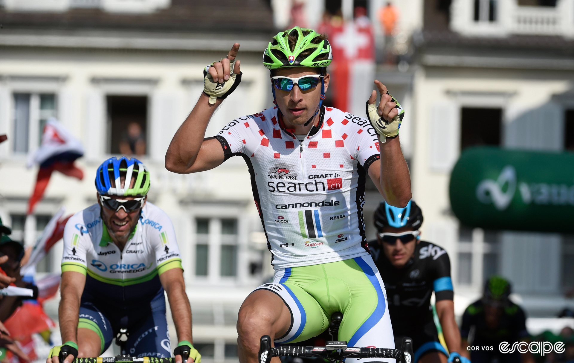Peter Sagan celebrates winning a stage at the 2014 Tour de Suisse.