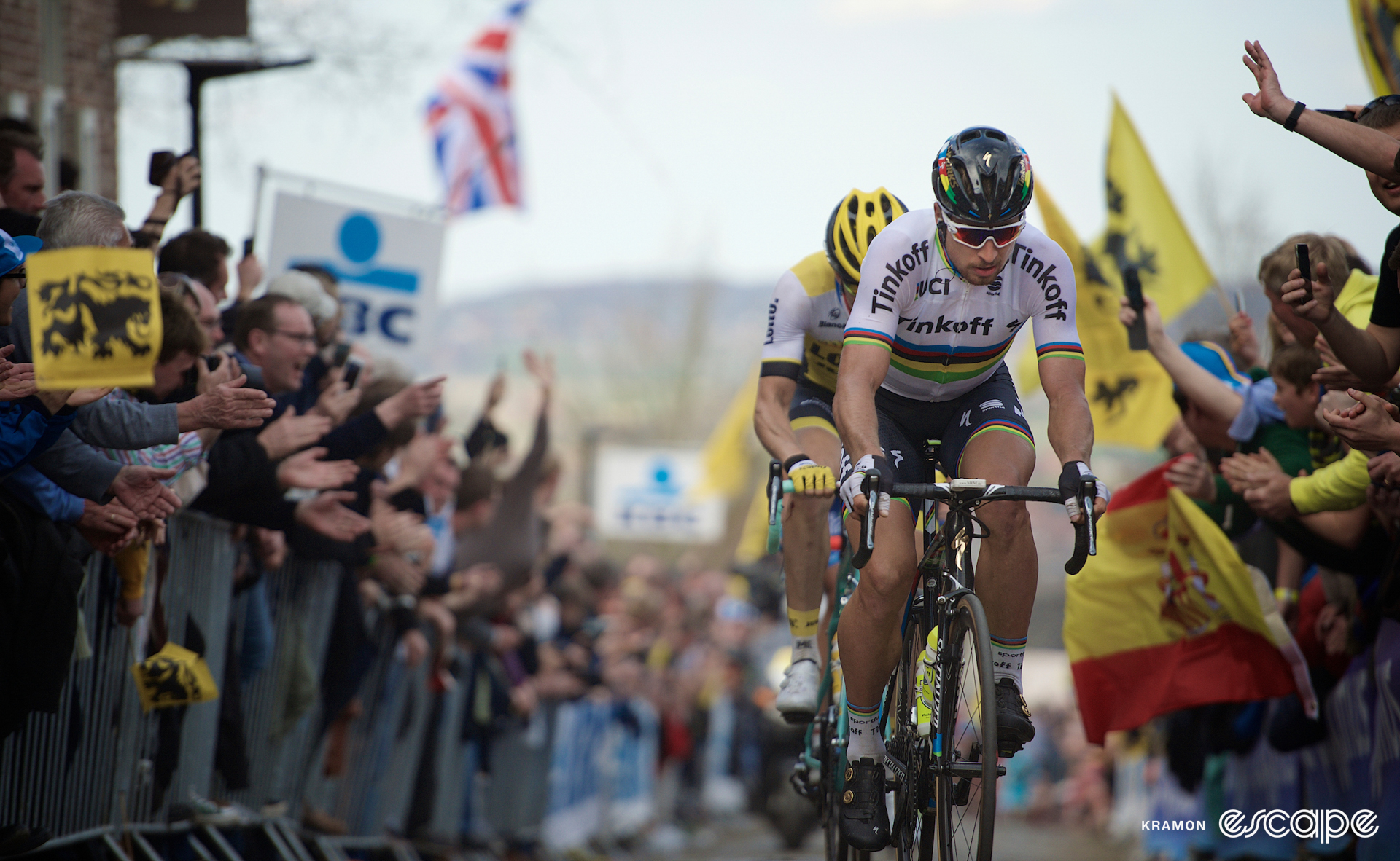 Peter Sagan leads Sep Vanmarcke up the Oude Kwaremont climb at the 2015 Tour of Flanders.