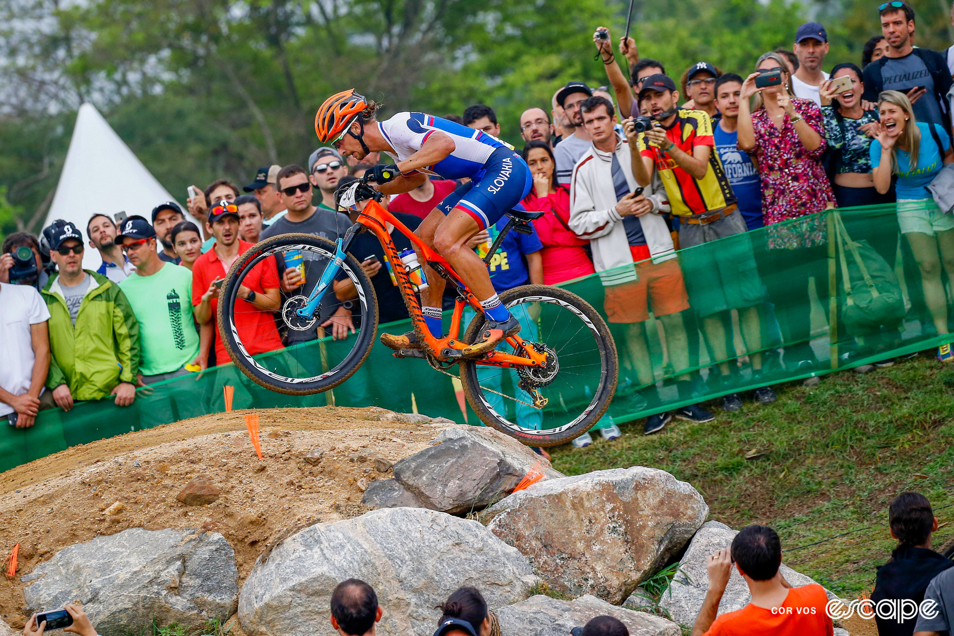 Peter Sagan racing his mountain bike over some rocks at the 2016 Rio Olympics.