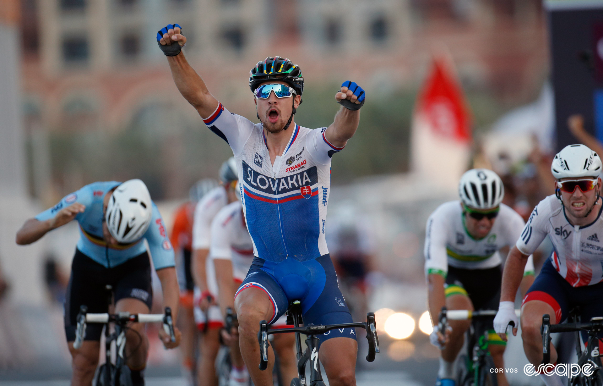 Peter Sagan celebrates winning the 2016 Road World Championships in a bunch sprint in Doha.