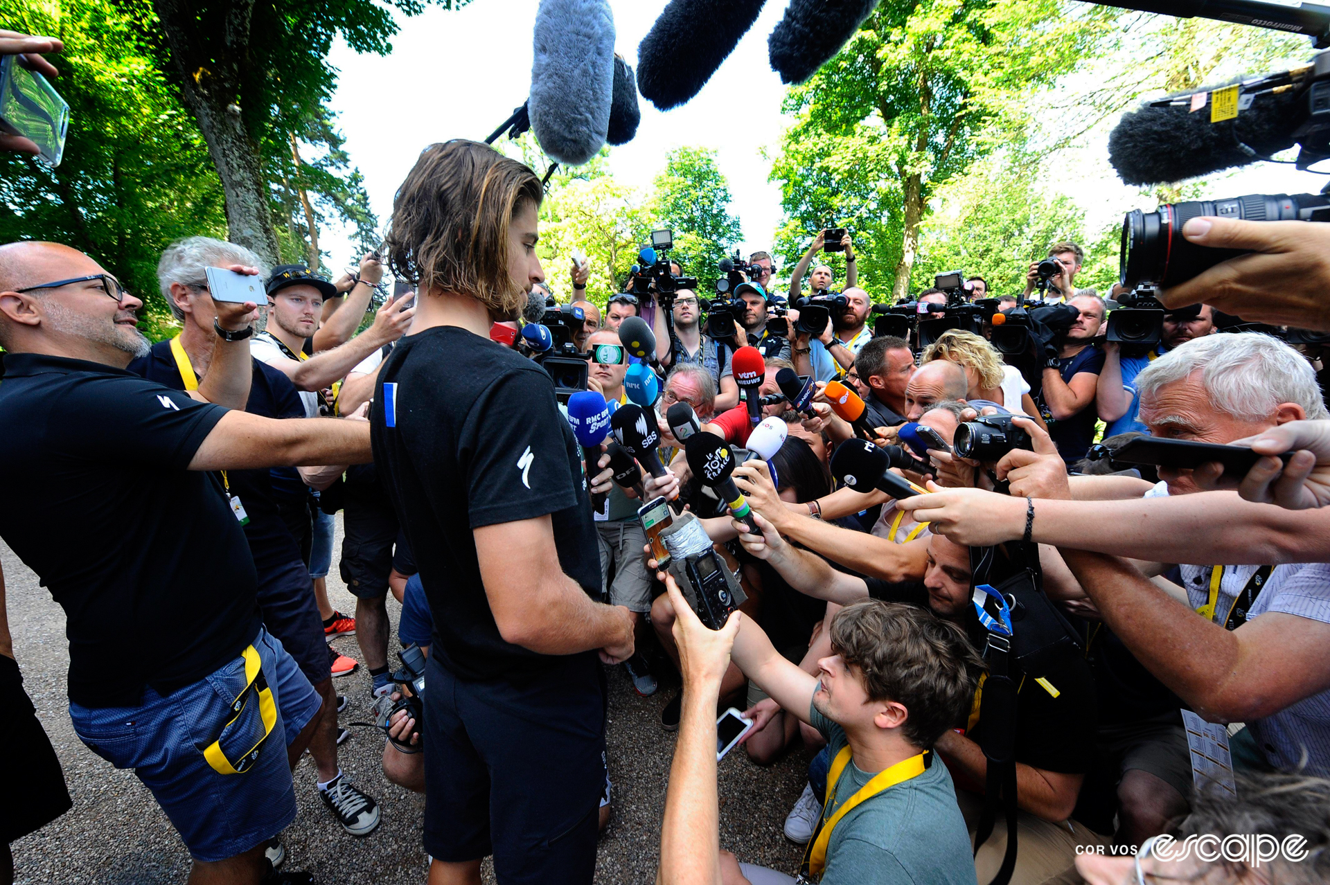 Peter Sagan addresses a large throng of media personnel a day after being disqualified from the race.