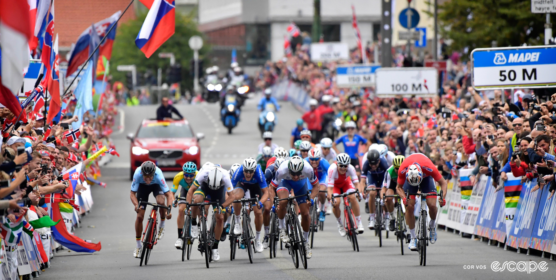 Peter Sagan on his way to winning the 2017 road world title in a bunch sprint in Bergen, Norway.
