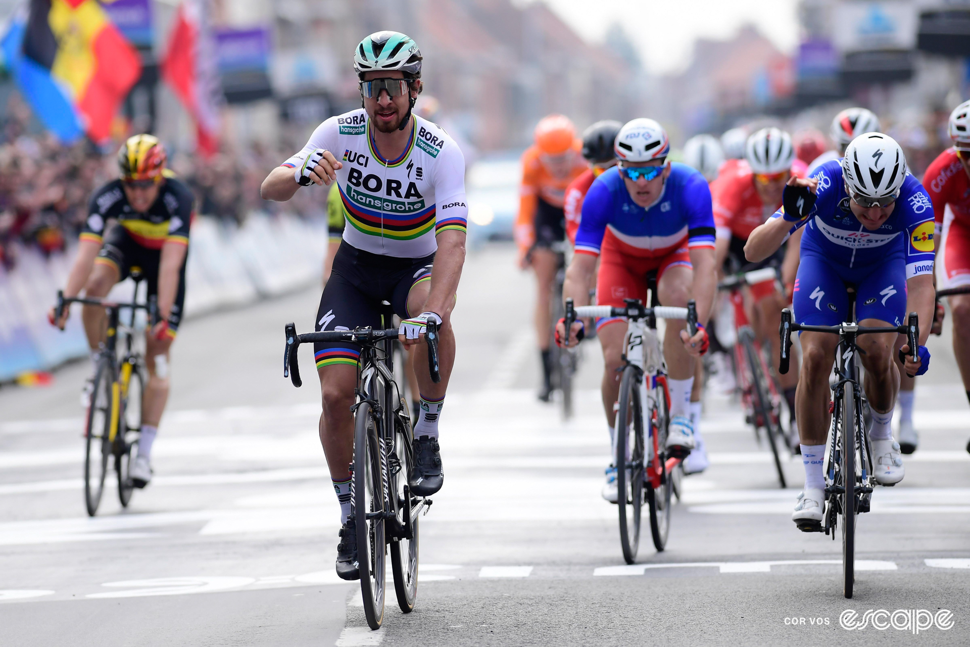 Peter Sagan celebrates winning the 2018 Gent-Wevelgem.