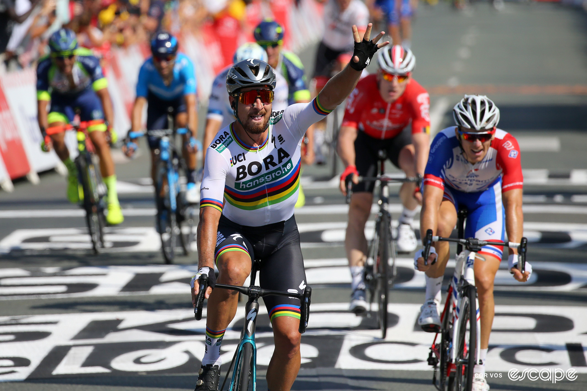 Peter Sagan celebrates winning a stage at the 2018 Tour de France.