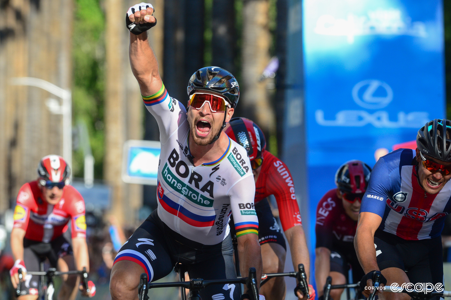 Peter Sagan celebrates winning a stage at the 2019 Tour of California.