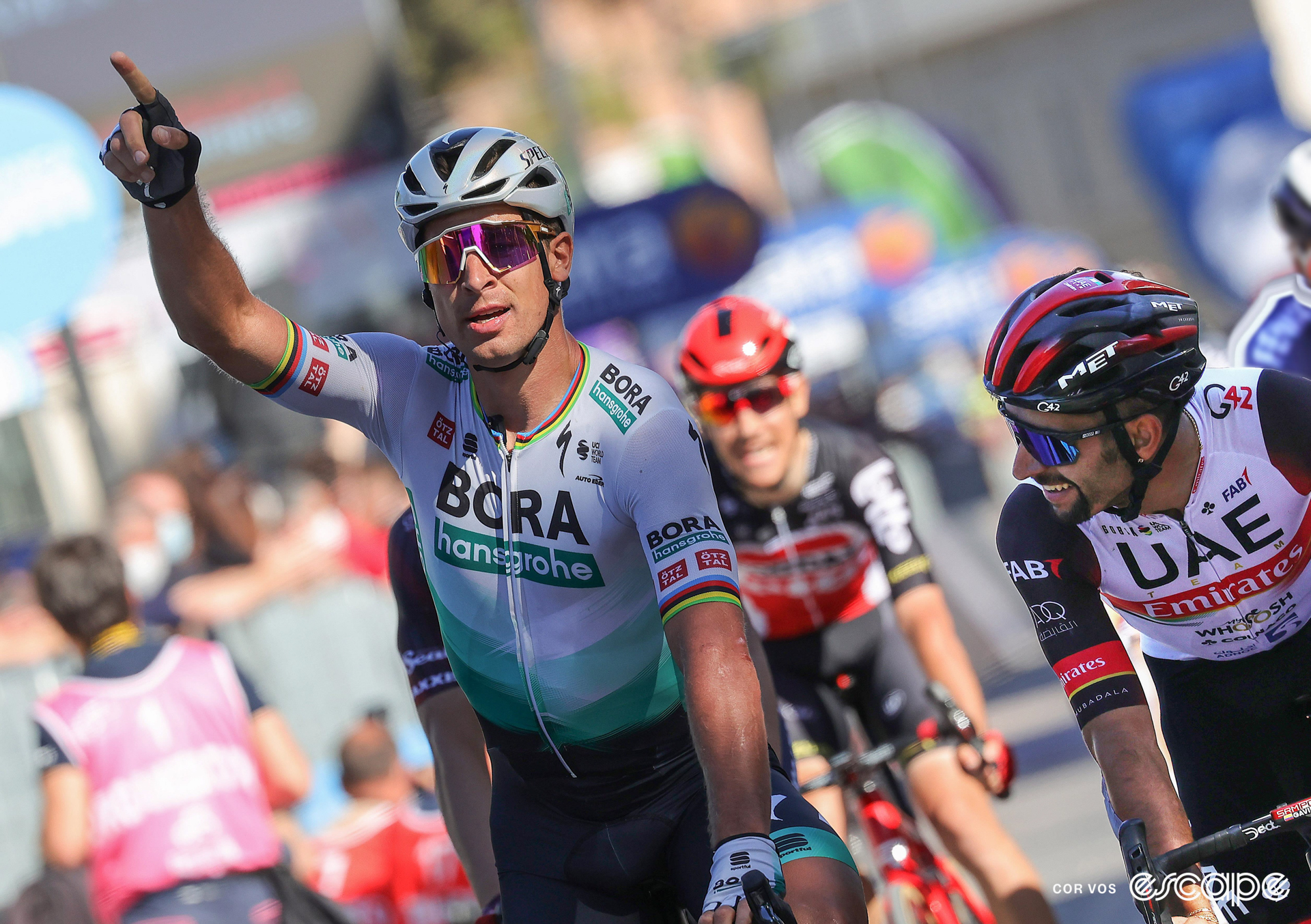 Peter Sagan celebrates winning a stage at the 2021 Giro d'Italia.