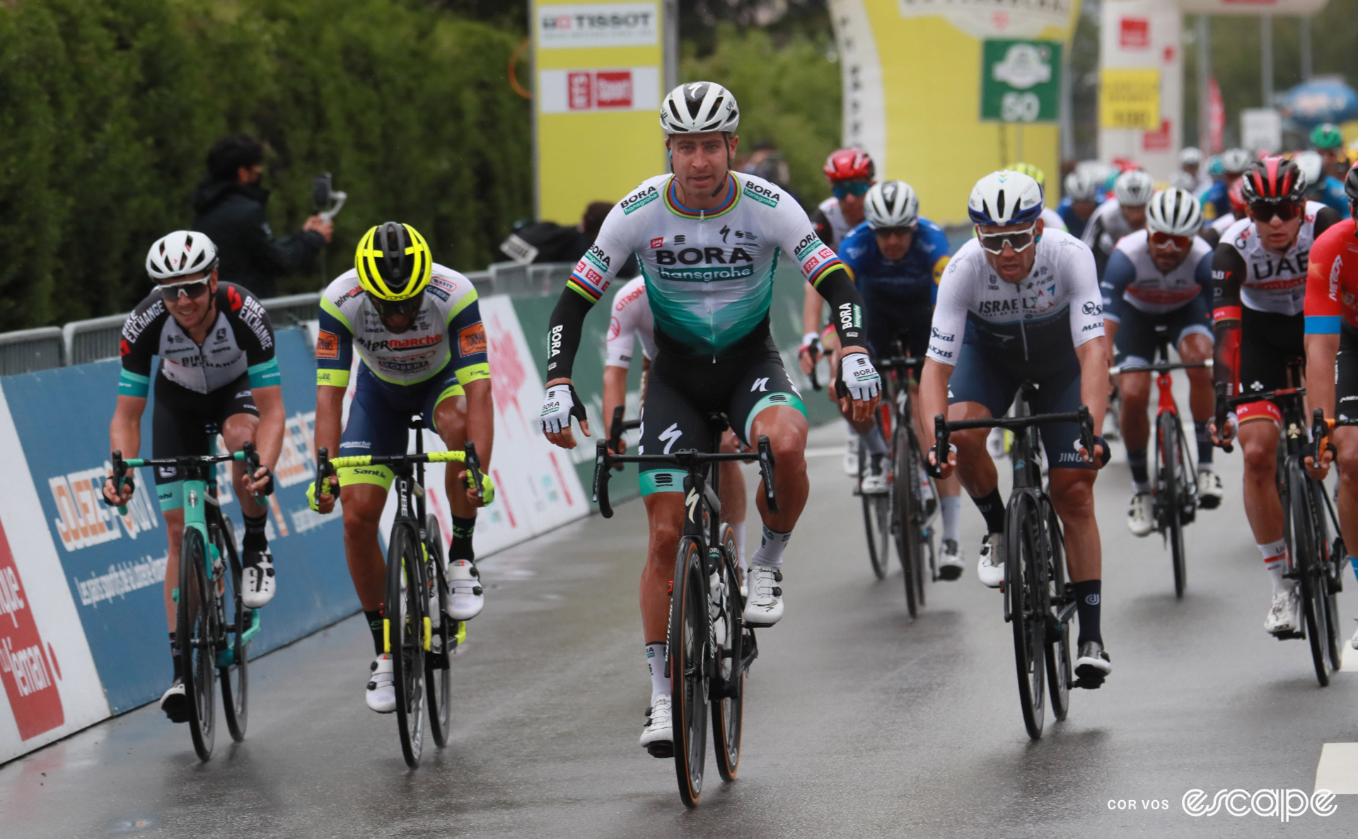 Peter Sagan celebrates winning a stage at the 2021 Tour de Romandie.