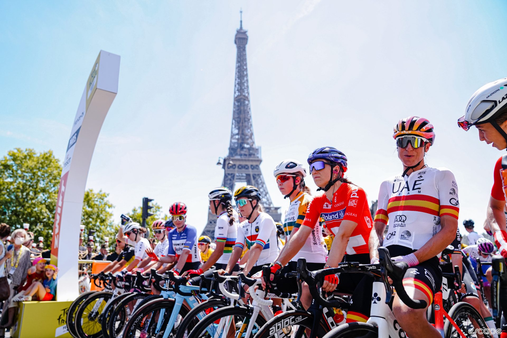 National champions lineup in front of the Eiffel Tower for the first stage of the 2022 Tour de France Femmes avec Zwift