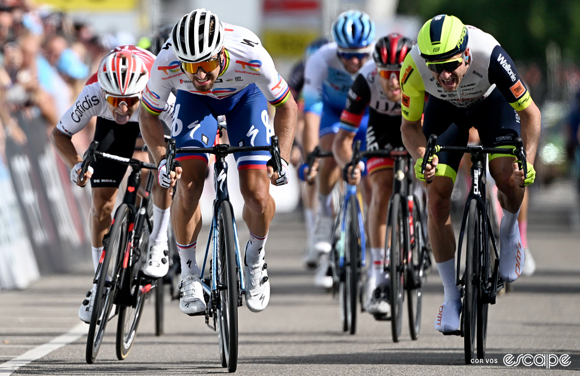 Peter Sagan on his way to winning a bunch sprint at the 2022 Tour de Suisse.