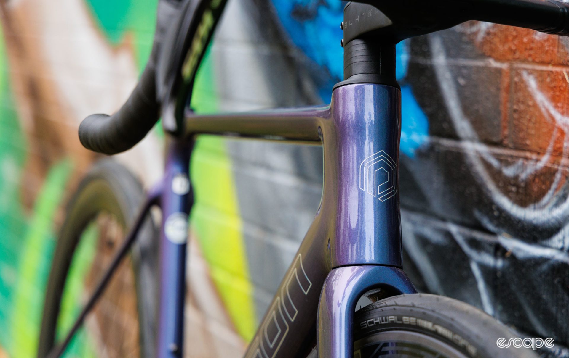 Head tube and purple paint of the Polygon Helios A7X.