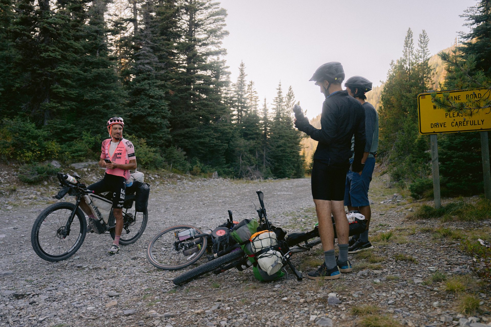 Lachlan chats to some mountain bikers on the trail.