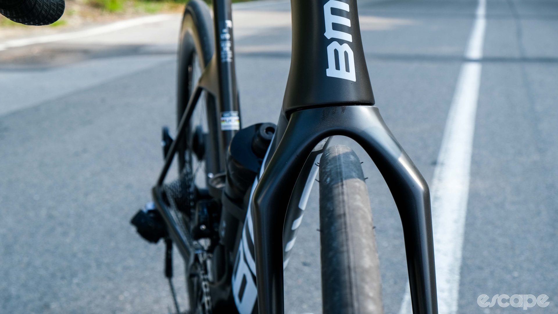 The photo shows the width of the forks on BMC's new TeamMachine R 01 race bike.