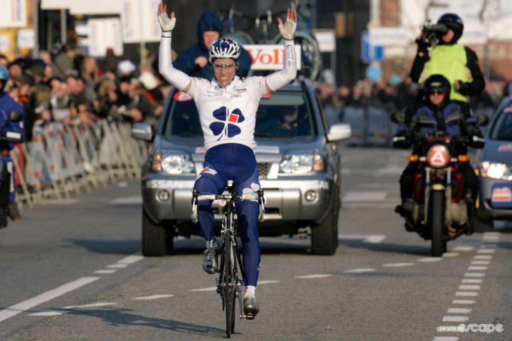 Philippe Gilbert salutes in victory. 