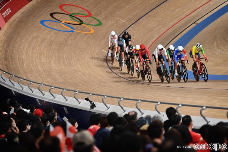 Track racers compete in the women's Omnium at the 2021 Tokyo Olympic Games.