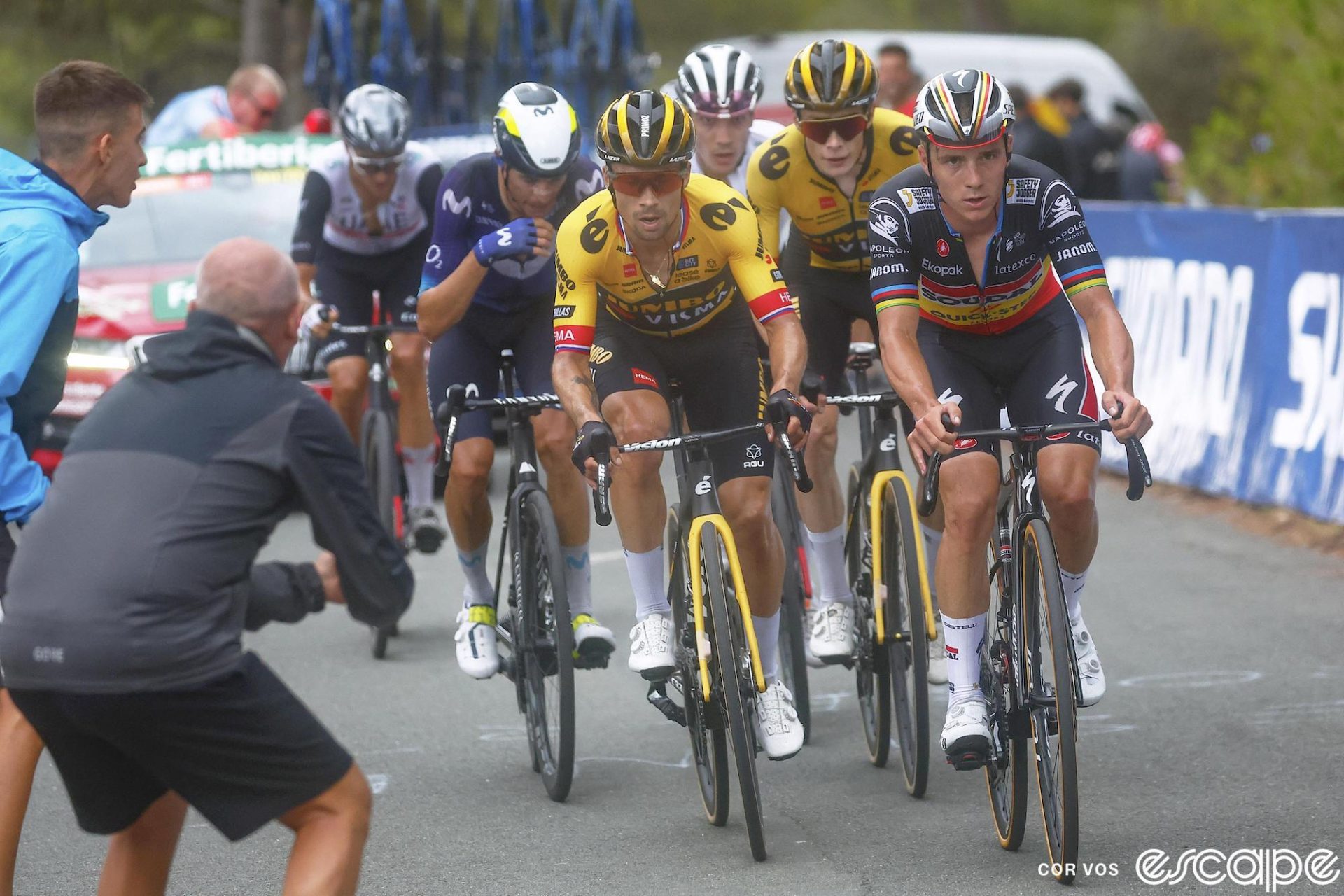 Remco Evenepoel leads the Jumbo duo of Primož Roglič and Jonas Vingegaard during a Vuelta a España stage. 