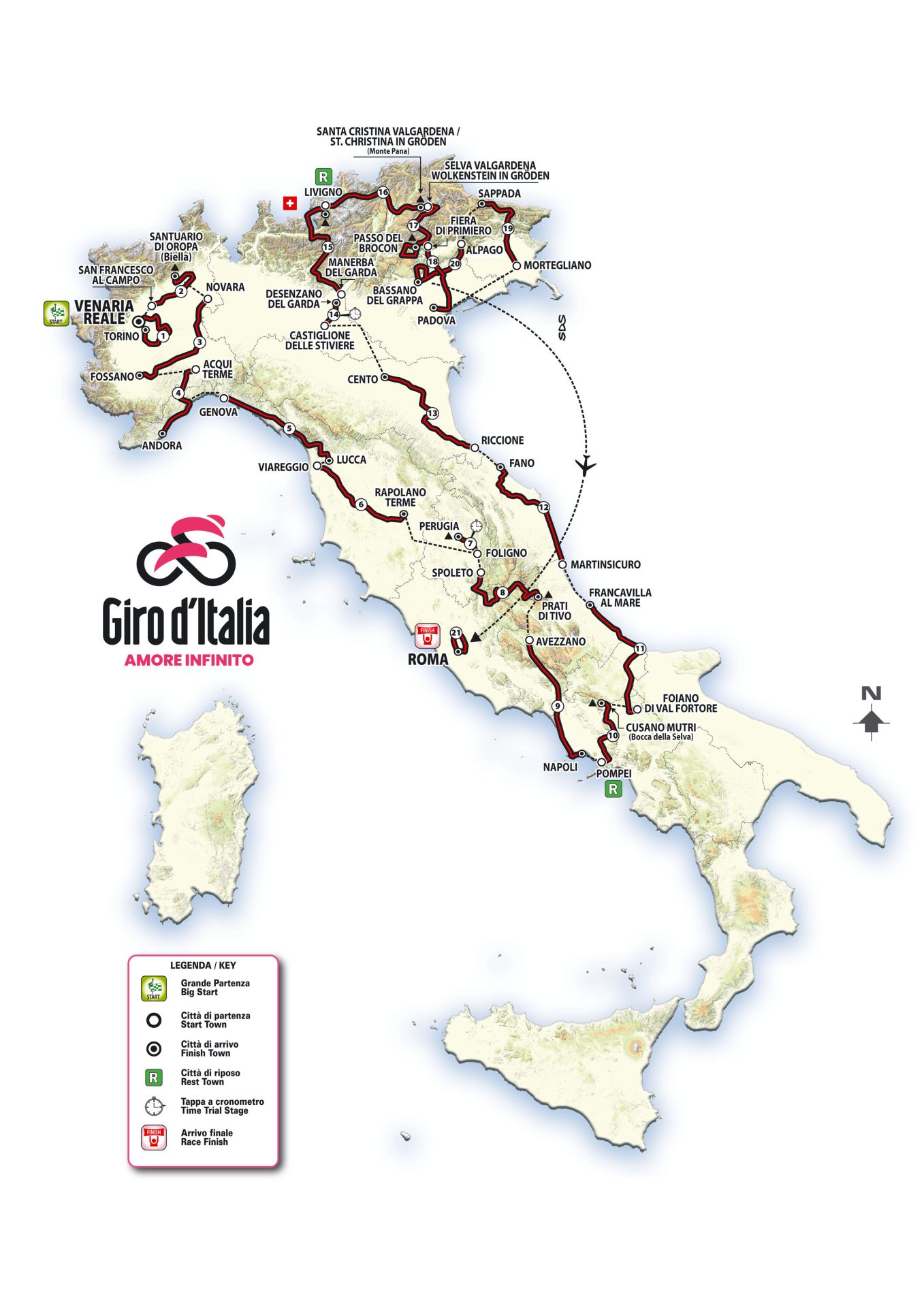 The overall route map of the 2024 Giro d'Italia. The race starts near Turin in Venaria Reale and goes south along the Tirrenian coast to Tuscany and the Naples region before winding back up the Adriatic side to the Dolomites and Veneto region.