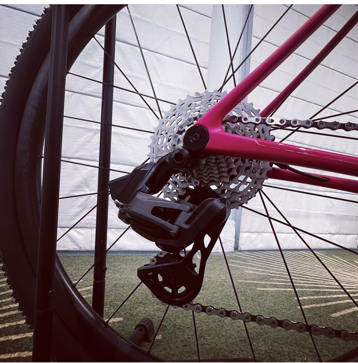 The photo shows a view of the new Classified and TRP-developed electronic rear derailleur.