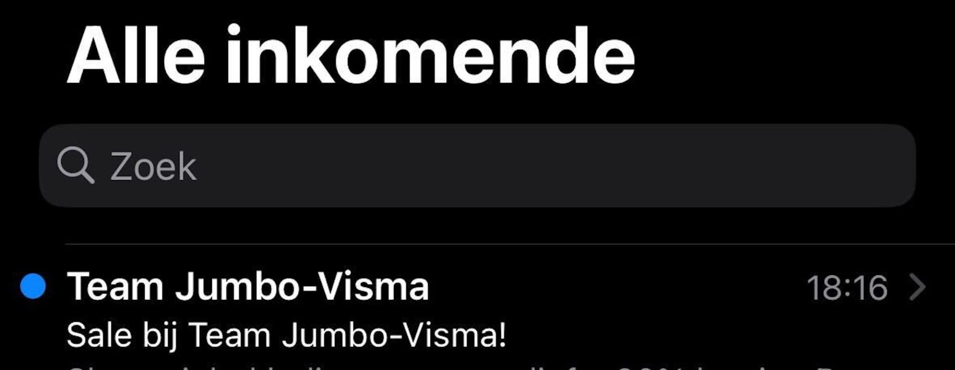 Screenshot of an e-mail notification from Team Jumbo-Visma announcing "Sale at Team Jumbo-Visma!"
