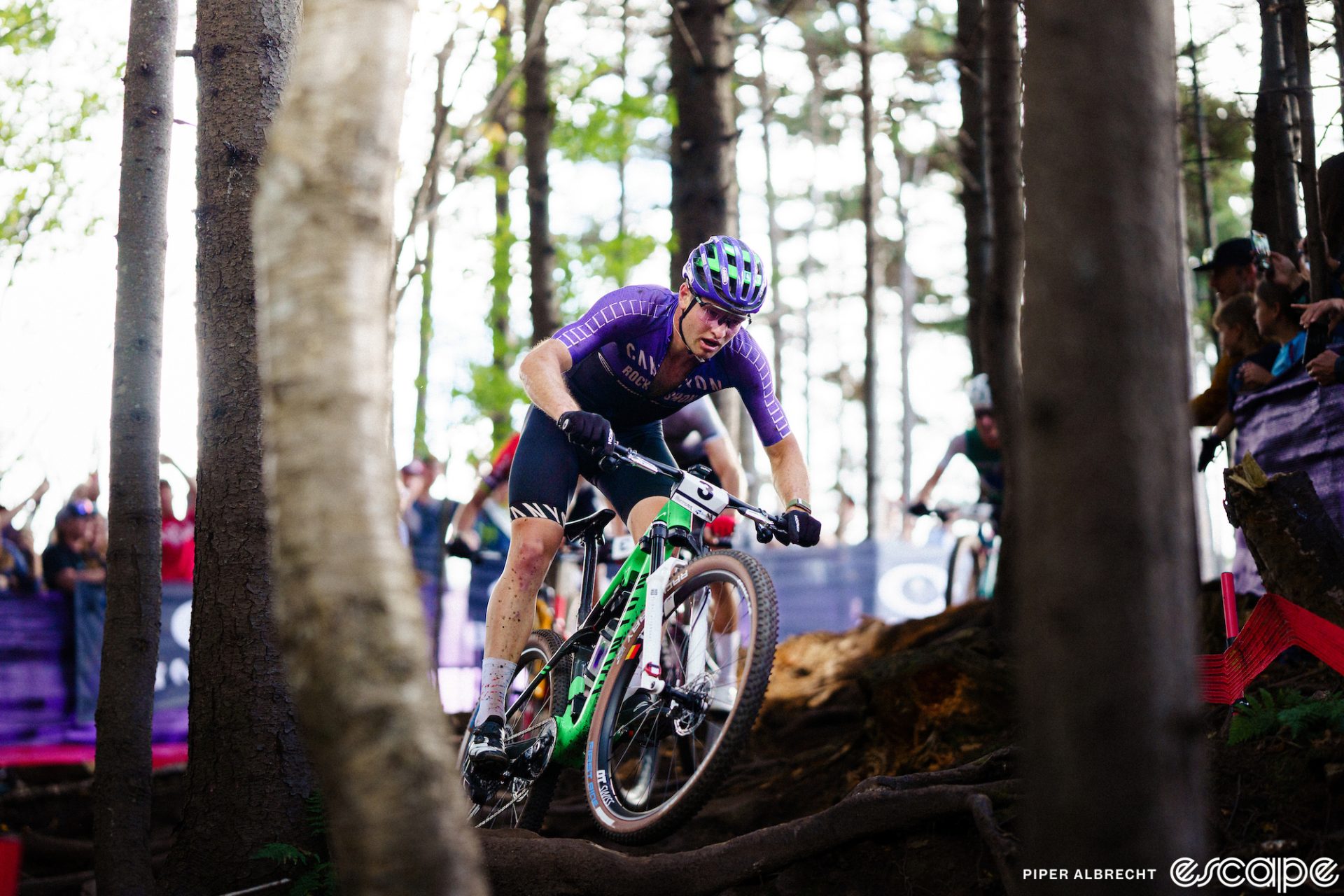Luca Schwarzbauer descends a rooty section in a World Cup race. The German is wearing the distinctive purple jersey of his Canyon-CLLCTV team and is laser-focused on the drop he's about to take.