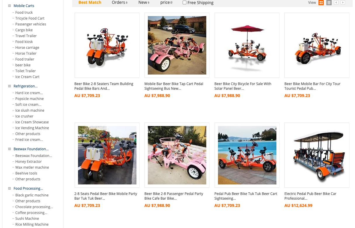 An AliExpress screenshot of various different beer bike opions, ranging from below $8,000 AUD to more than $12,500 AUD. 