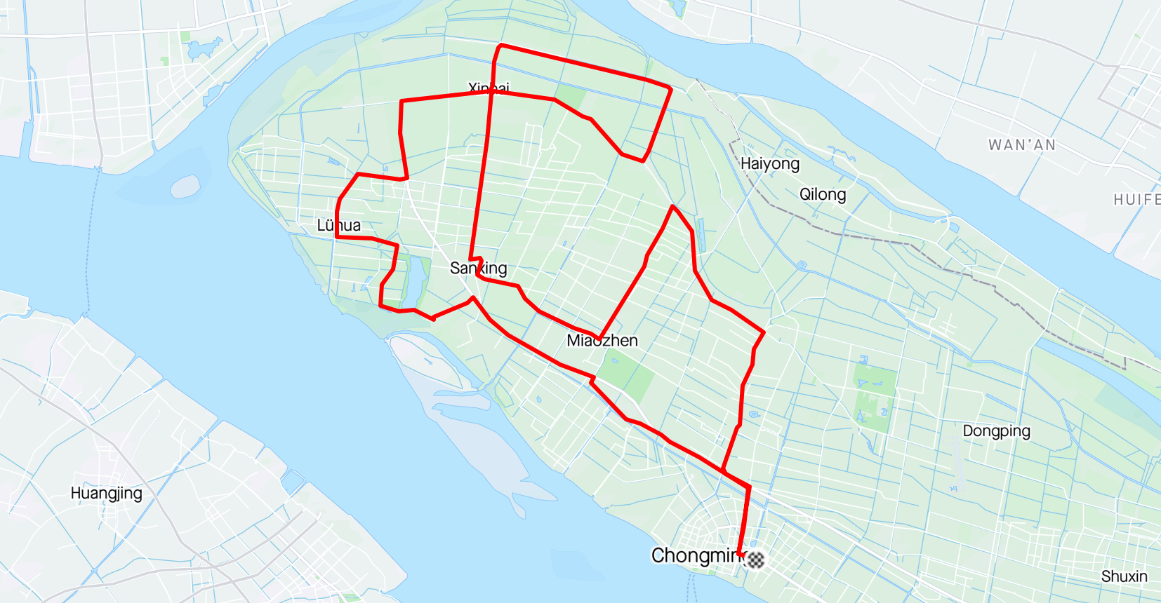 The route of stage 1 of the Tour of Chongming Island women's WorldTour race. It's a mostly flat city course with lots of corners.