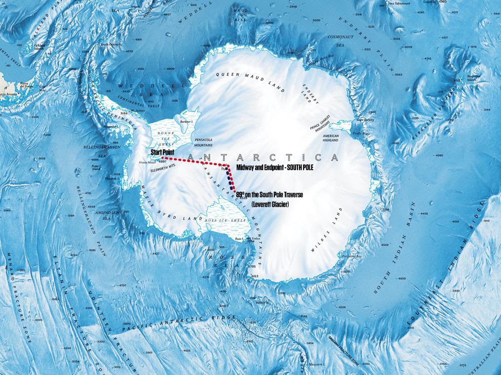 A map of Omar Di Felice's route, showing the start point at the Union Glacier camp near the Vinson massif, and going south (all directions are south here) to the Pole, before a right-angle detour to the Transantarctic Mountains and back to the South Pole.