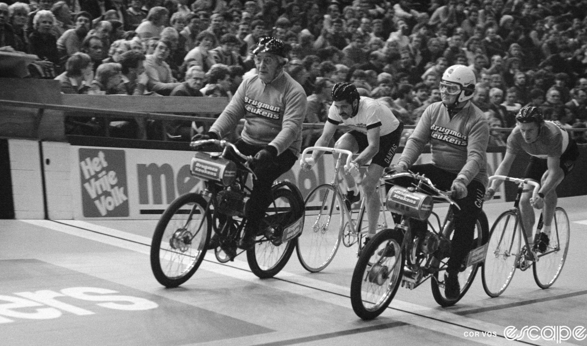 An old photo of Danny Clark and another racer in a similar derny-paced event from 50 years ago. The dernies look almsot identical to modern ones.
