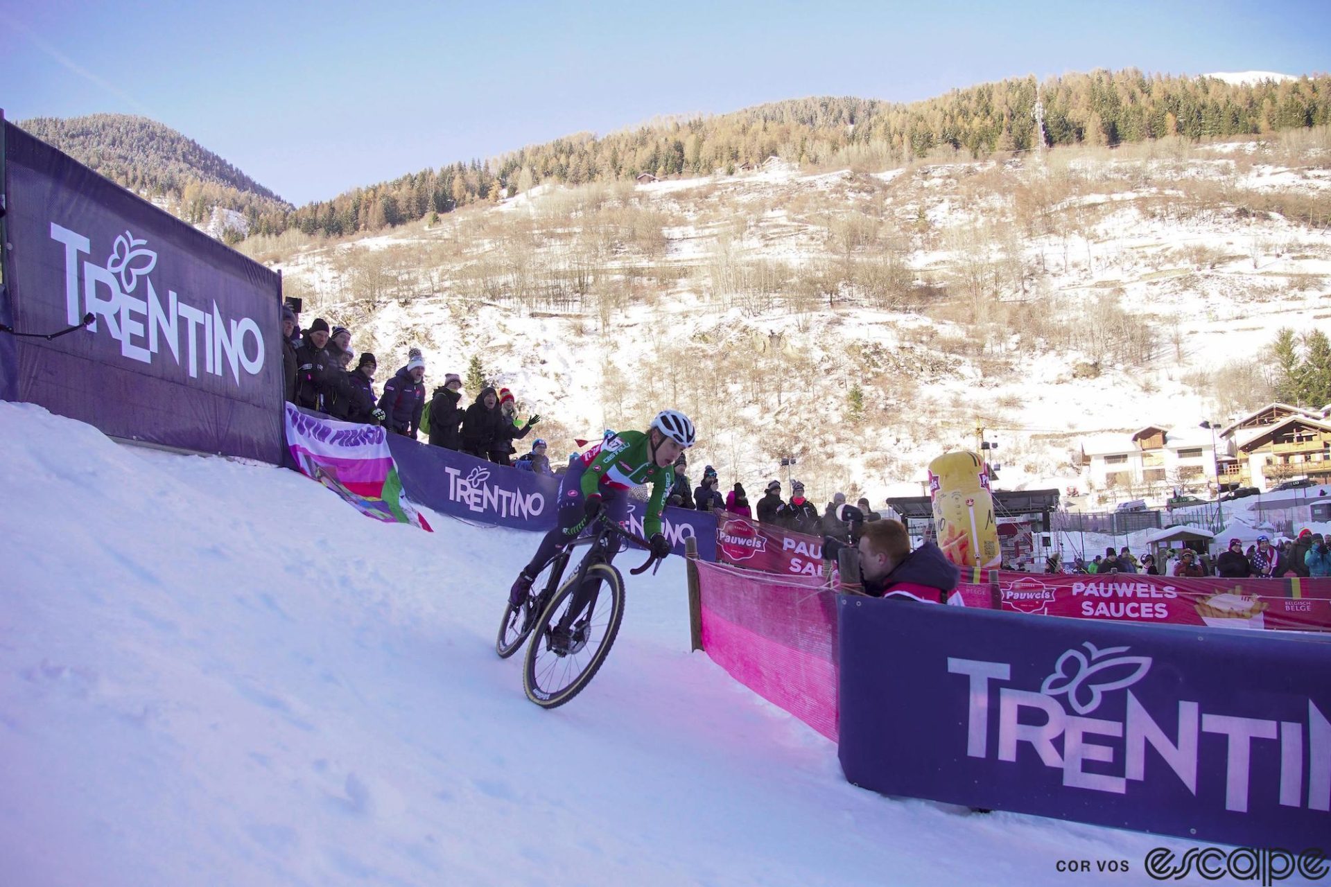 Italian national champion Silvia Persico races on snow at the 2022 Val di Sole round of the Cyclocross World Cup.