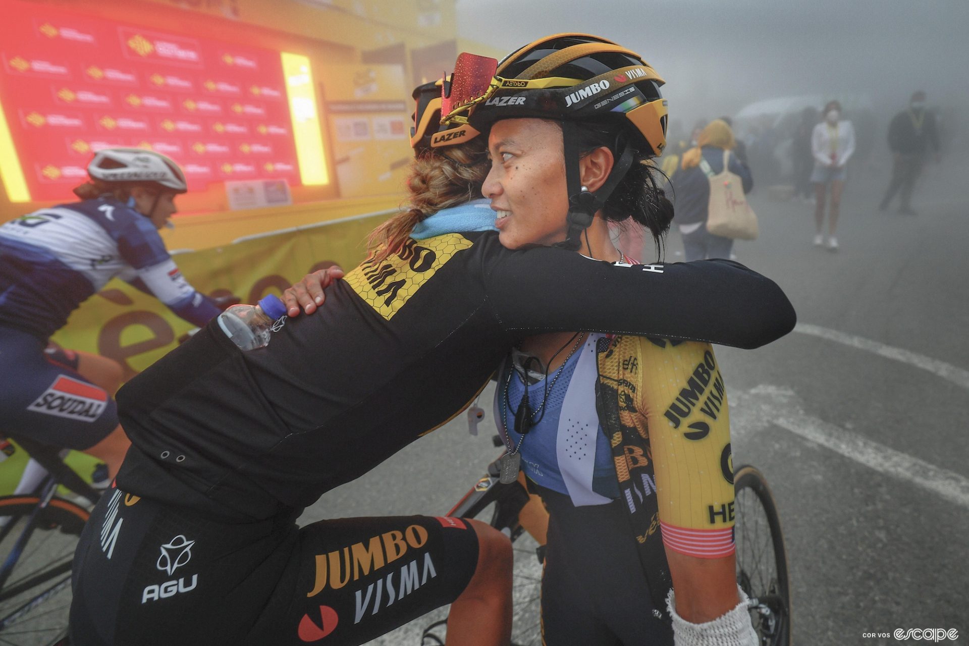 Coryn Labecki hugs her teammate atop the Col du Tourmalet after the seventh stage of the 2023 Tour de France Femmes. 