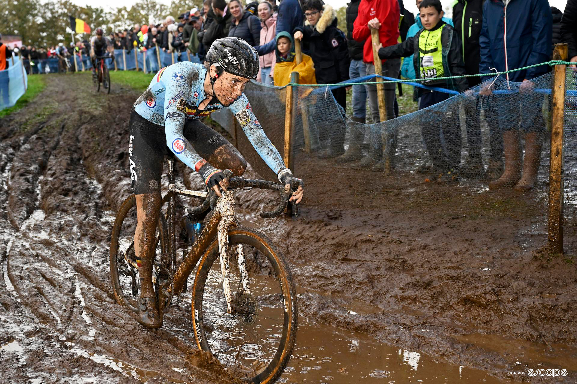 Sanne Cant holds on tight as she takes a corner in thick mud during the european cx championships.