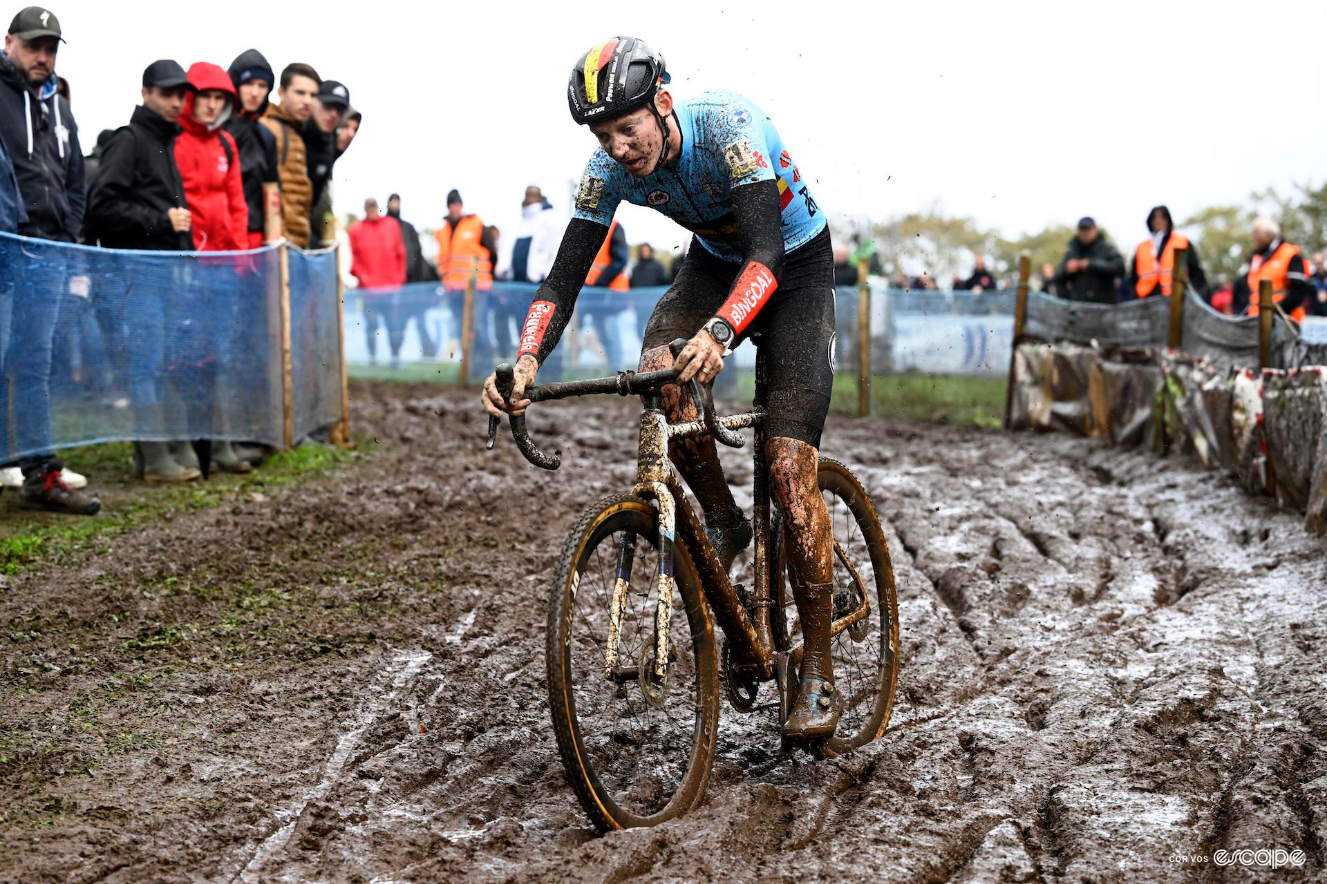 Michael Vanthourenhout of Belgium rides through thick mud during the european cyclocross champs.