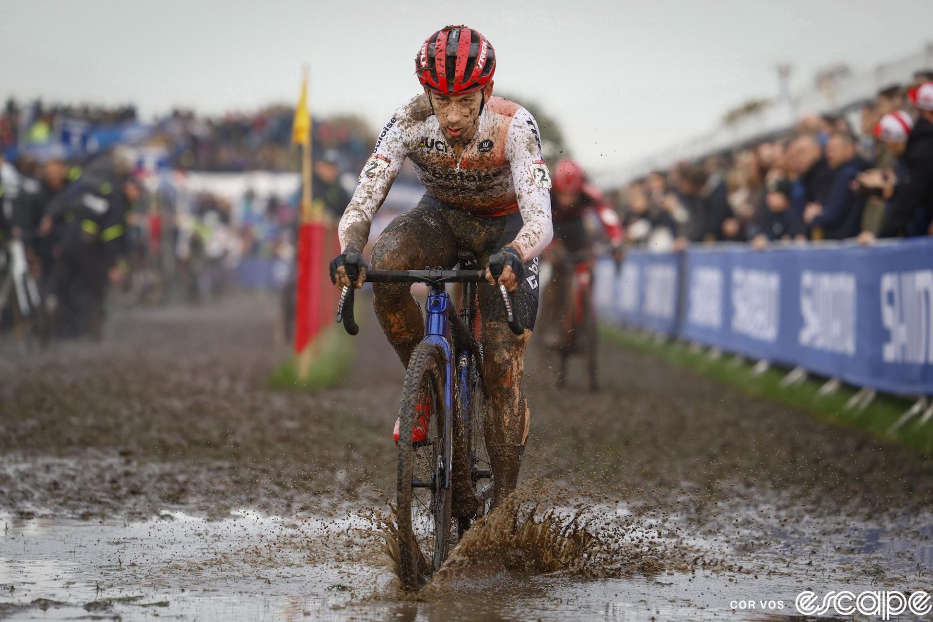 Lars van der Haar has a very pissed expression on his face as he plows through soupy mud at the Dendermonde World Cup.