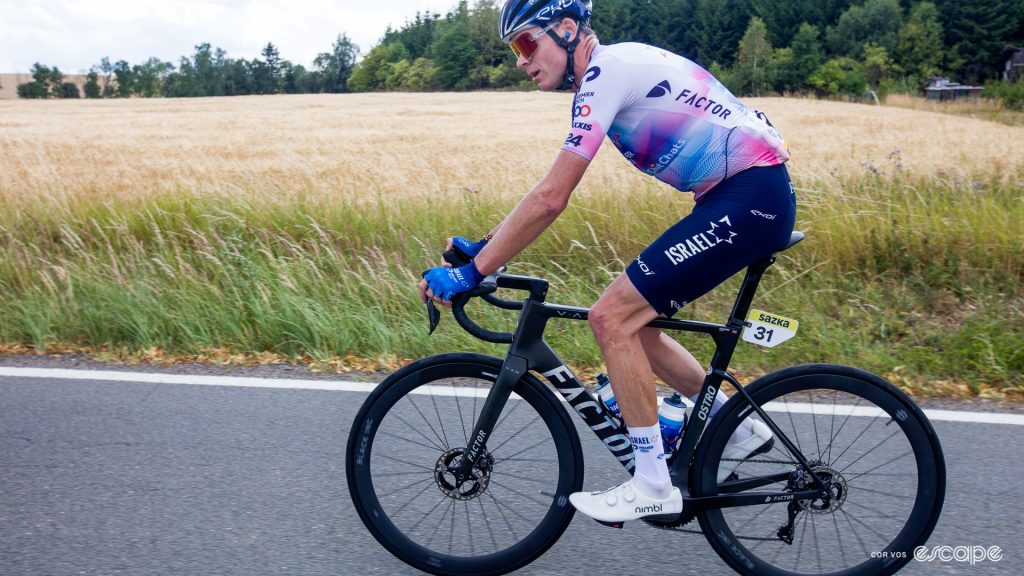 The photo shows Chris Froome on a Factor Ostro VAM