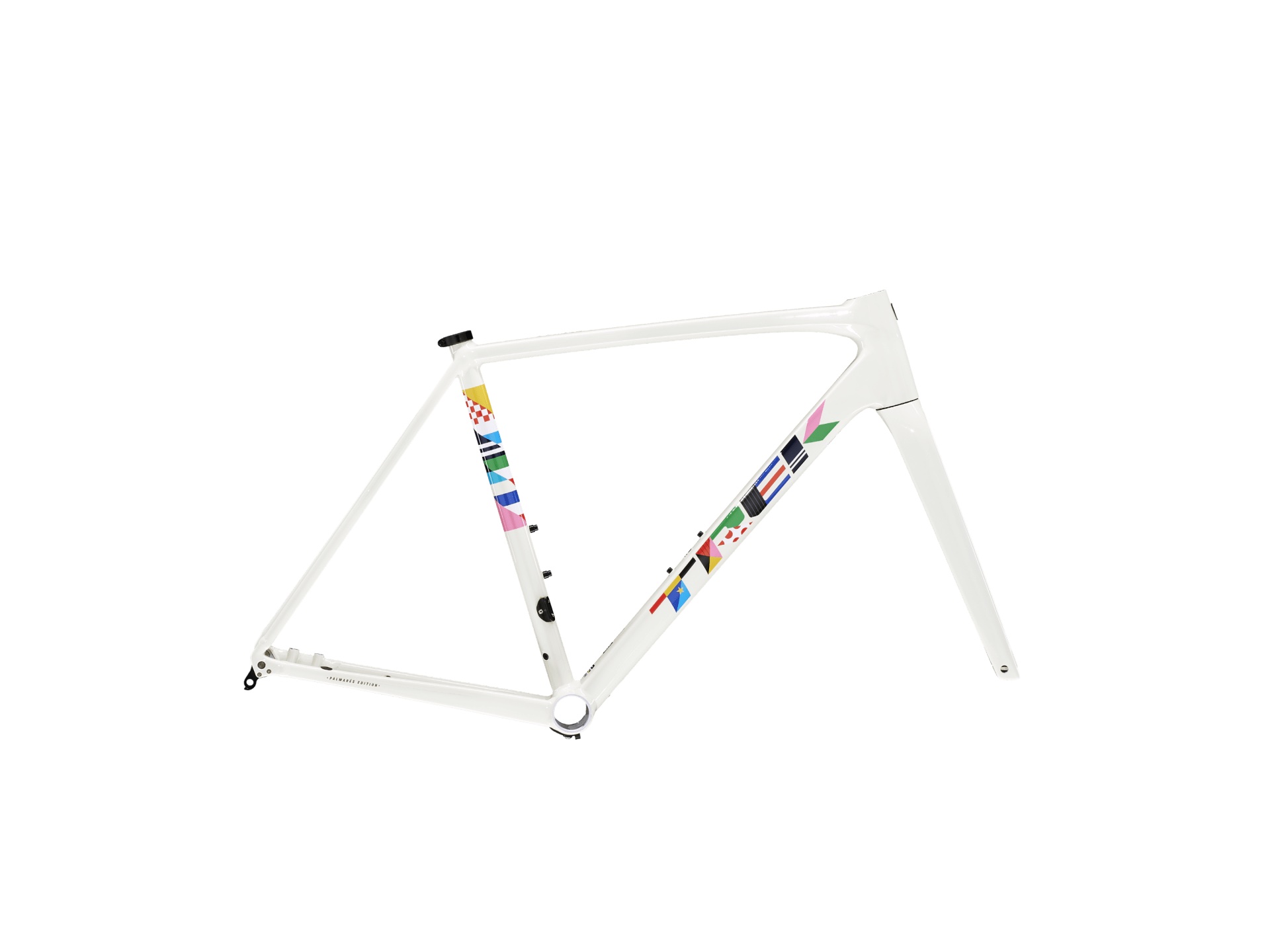 An example of the great paint jobs available on the Emonda ALR framesets. This one is white, with abstract geometric decals on the seat tube in green, pink, yellow and even a red-white check flag, a design that's repeated on the downtube logo.