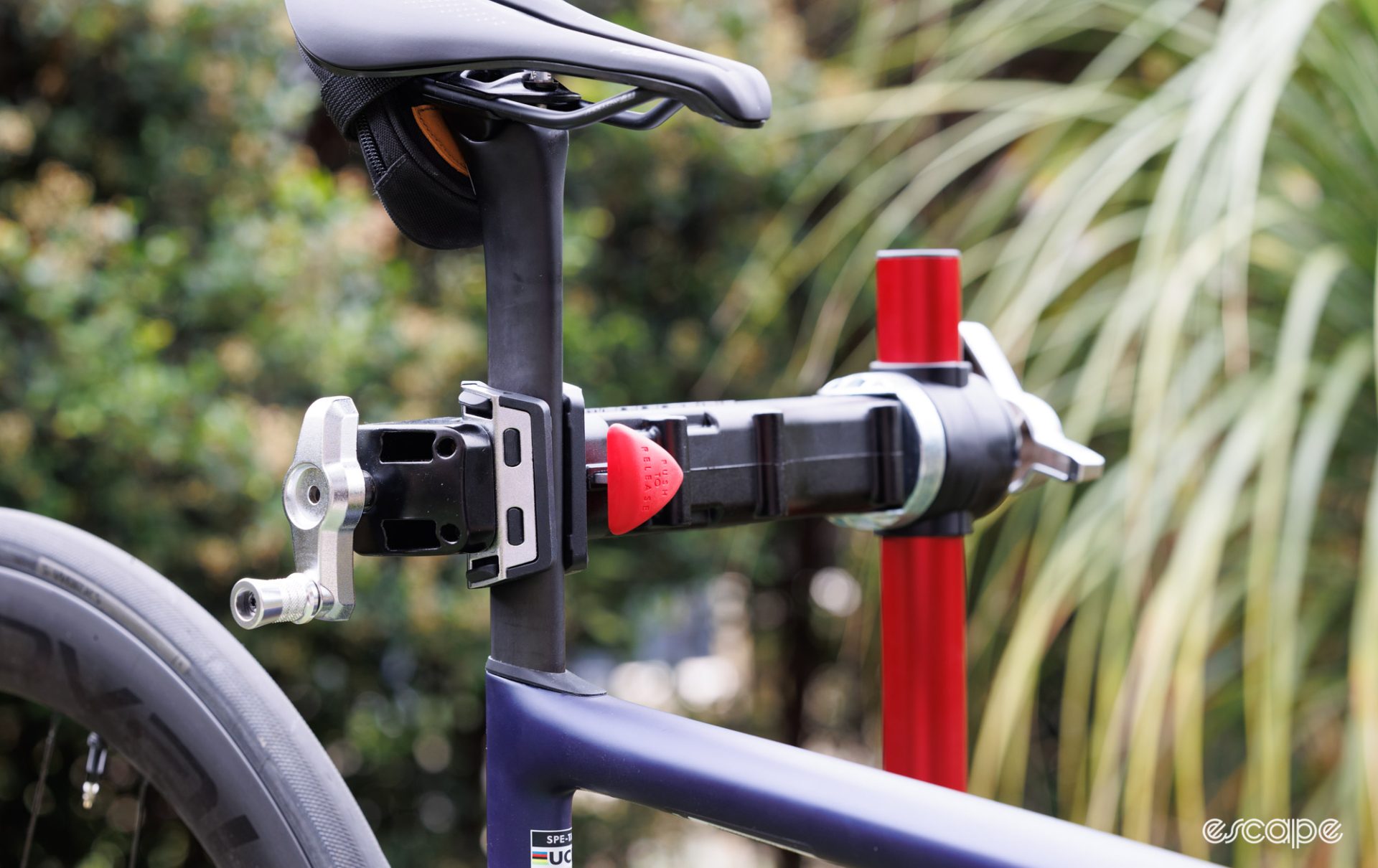 Feedback Sports clamp holding a Specialized Tarmac SL8 seat post. 