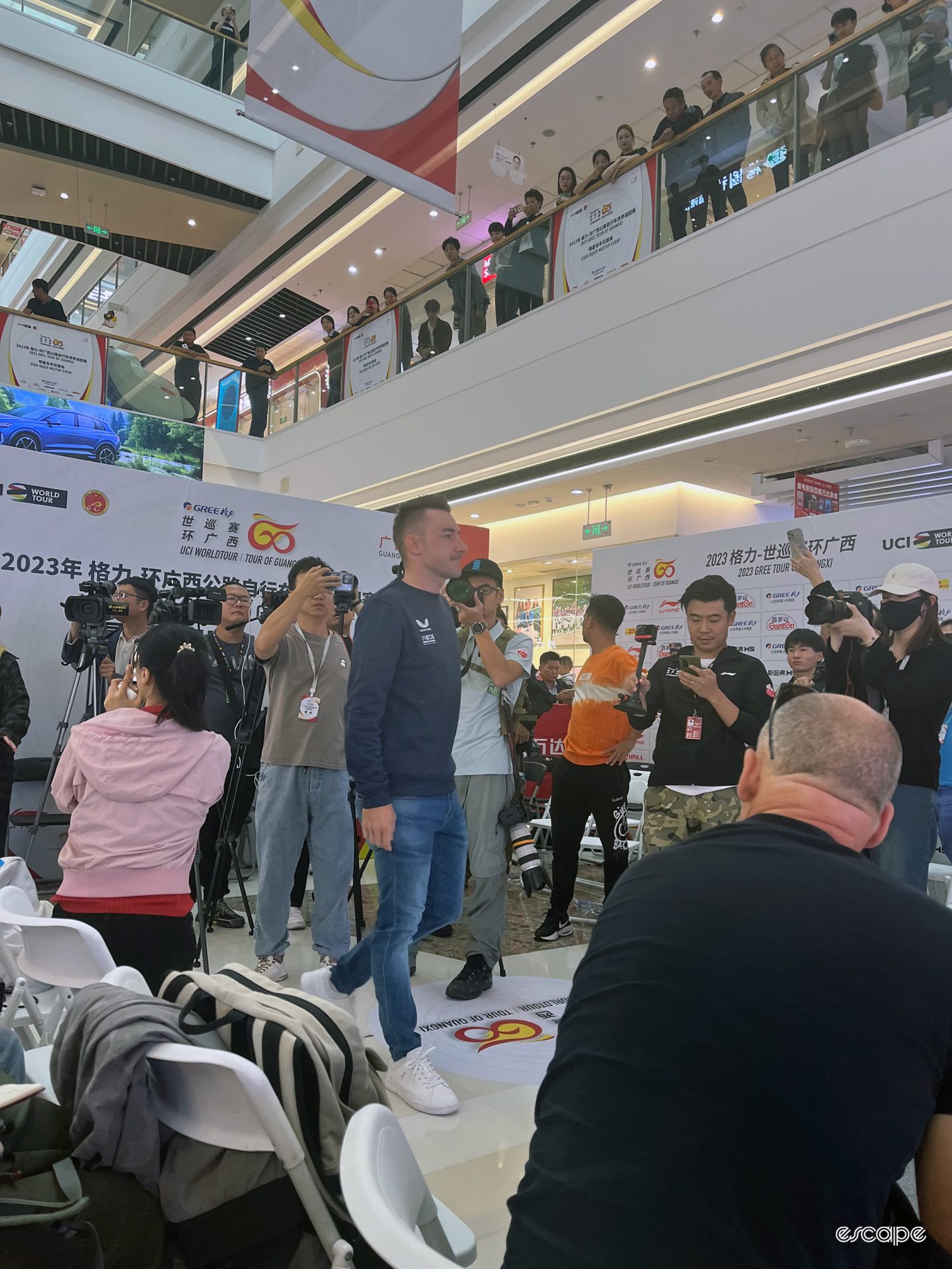 Elia Viviani at the Tour of Guangxi 2023 race presentation in a shopping mall in Beihai.