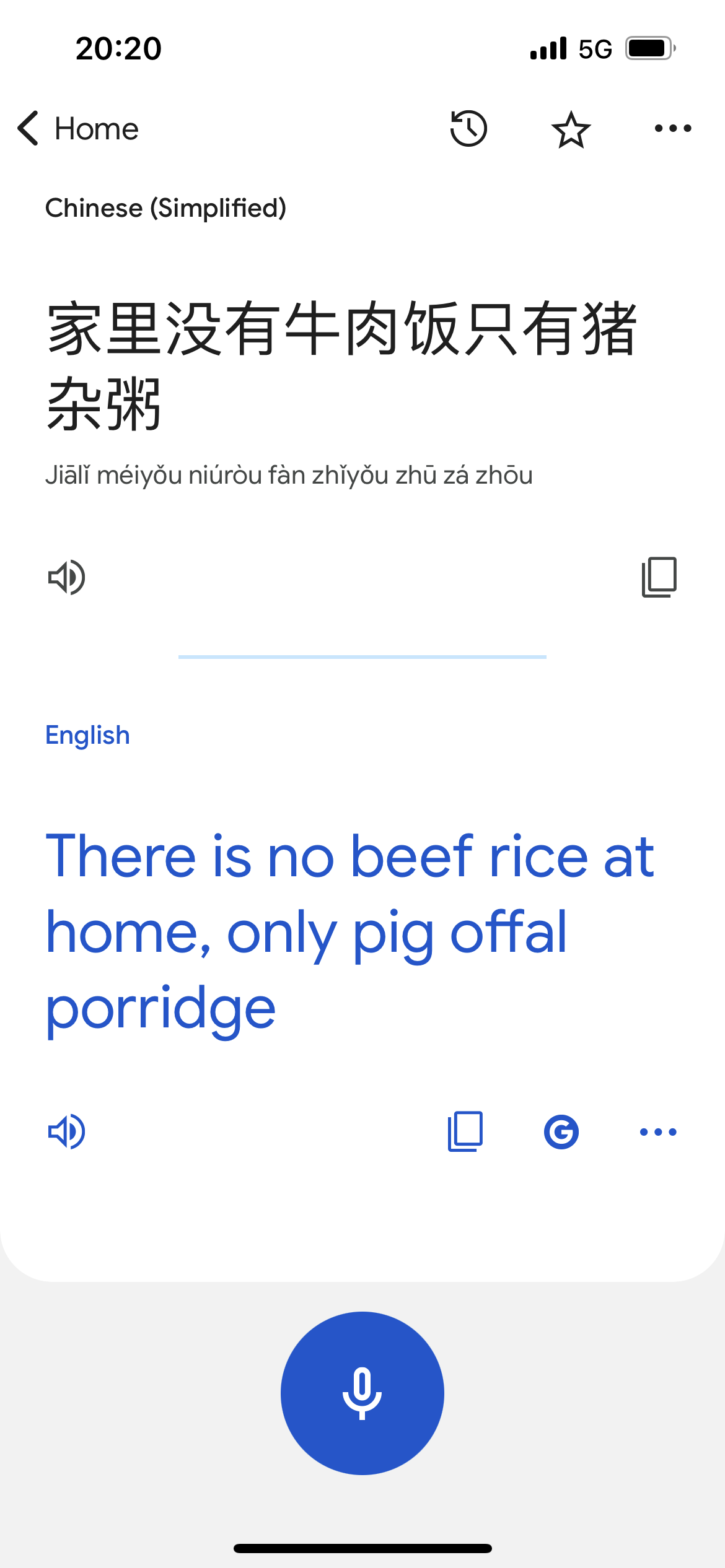 A Google Translate screen telling us that 'there is no beef rice at home, only pig offal porridge'.