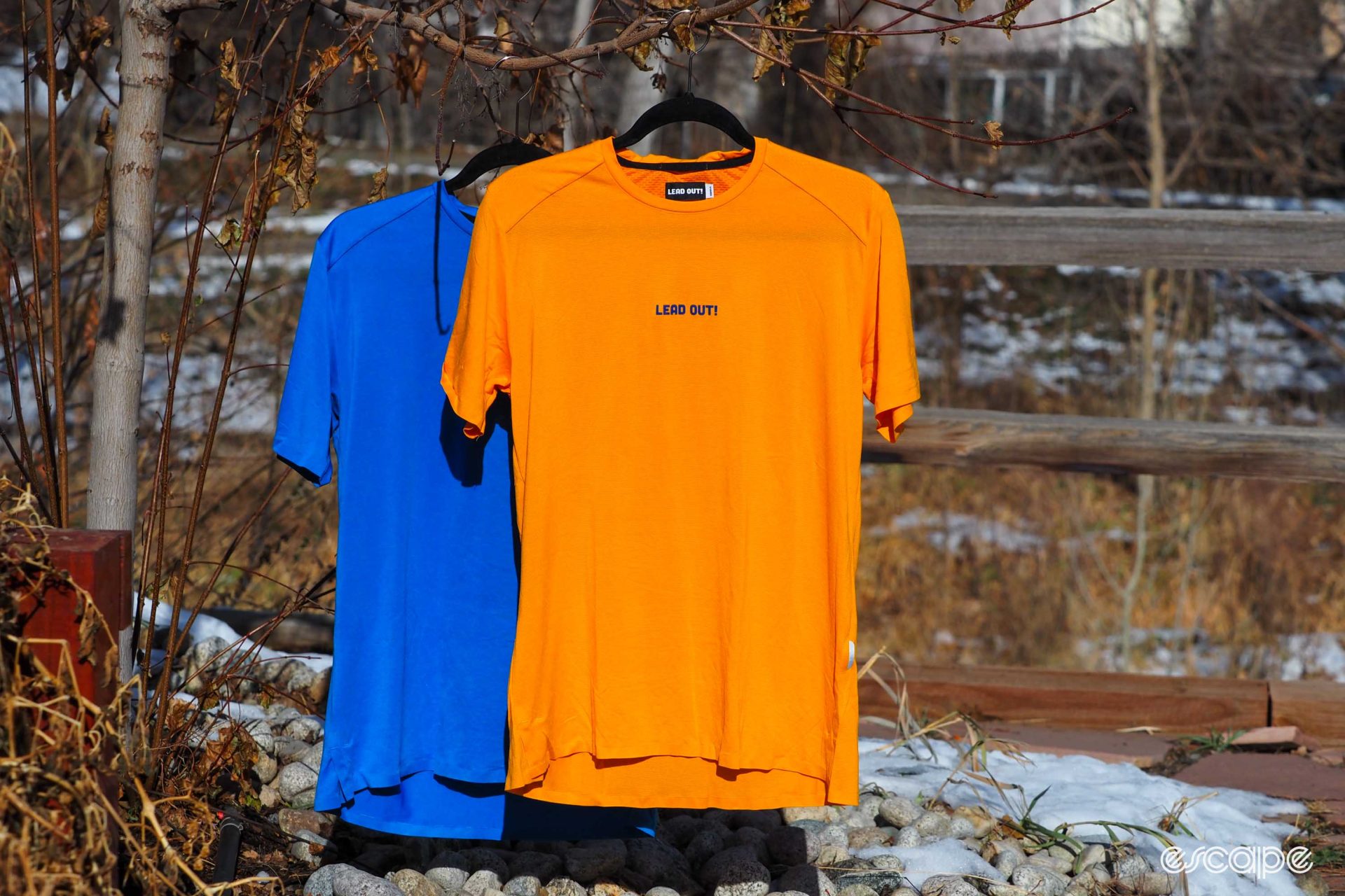 Lead Out Delta tech tees in blue and orange